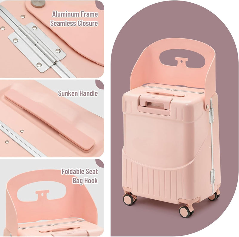 4-Wheel Checked Luggage with Seat for Kids, Travel Suitcase with Adjustable Handle and Hard Shell, Ride-On Suitcase with Child Seat Design for Family Travel, 22 Inch, Pink