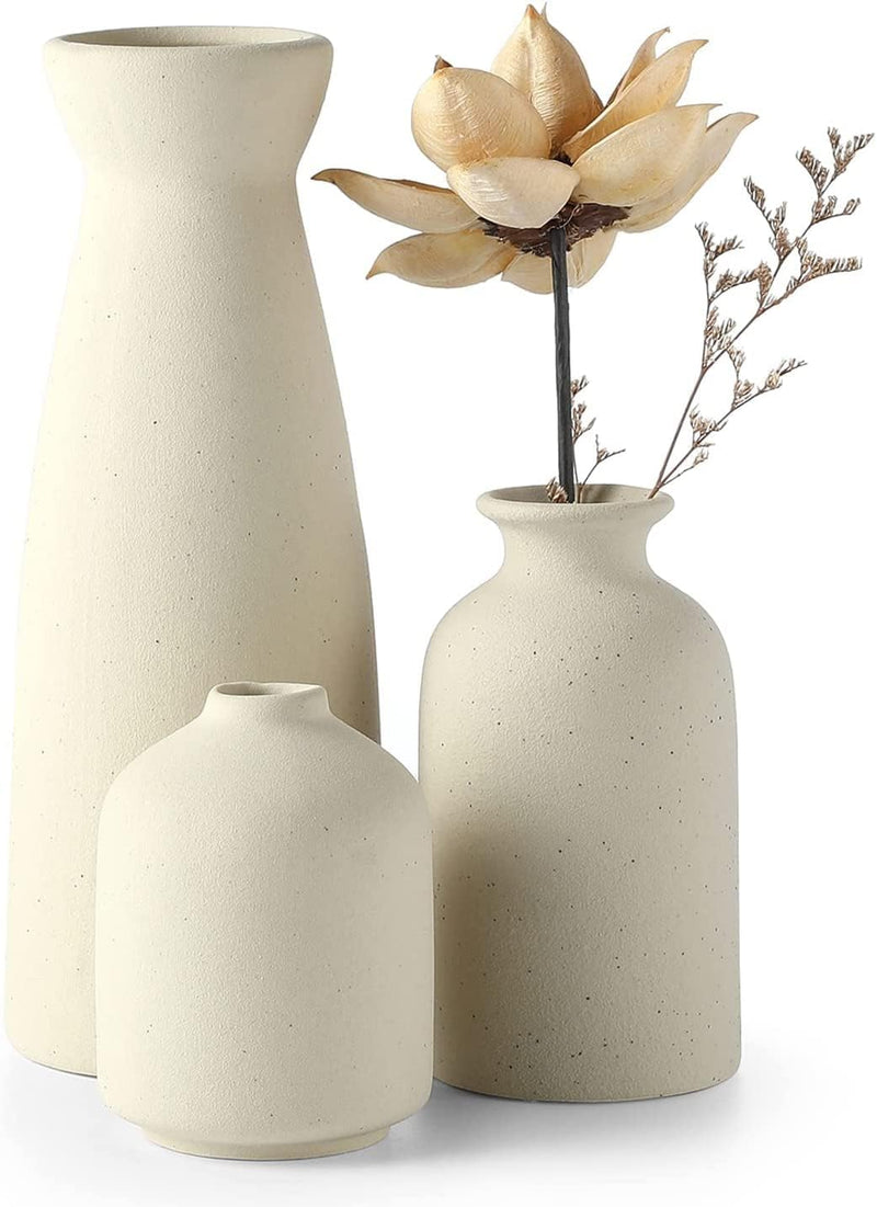 Heifgott Beige Ceramic vase Set-3 Small Flower vases for Decor,Modern Home Decor, Vases for Decor,Pampas Grass Vase,Dried Flowers Vases,Living Room,Table Shelf, Centerpieces Decoration