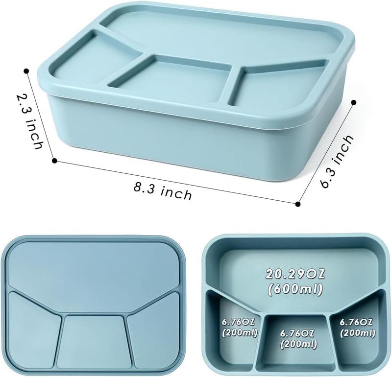 NALACAL Silicone Bento Box, Bento Lunch Box with 4 Compartments, Leak-Proof Salad Bento Boxes, Sauce Container, Utensils, Food Picks and Muffin Cups, Microwave, Dishwasher and Freezer Safe, Blue