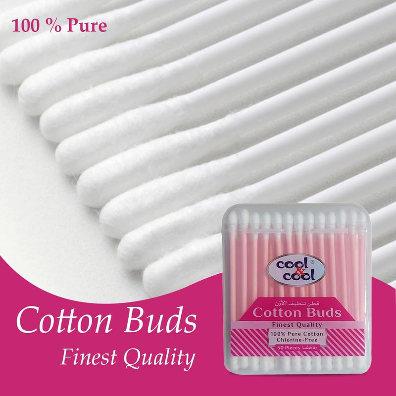 Cool & Cool Organic Paper Ear Buds - 50's - Pink - Round Thick Tips,Cotton Swabs,100% Cotton,Double Tipped,Hygienic,Gentle & Safe Swabs for Ears