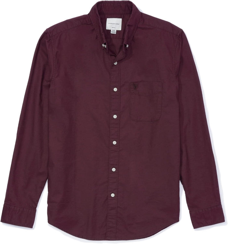 Men Slim Fit Stretch Oxford Button-Up Shirt - BURGUNDY
