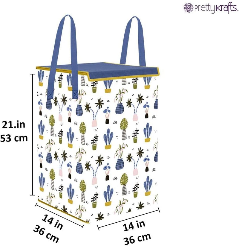 PrettyKrafts Fabric L1113 Laundry Basket For Clothes, Toy Storage Box With Lid & Handles, Toy Storage Box, 75 Ltr,Mushroom Print,White, Set of 1