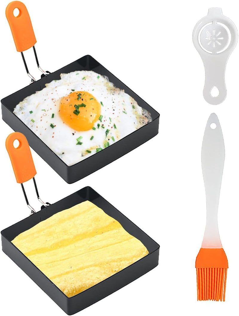 4 Inch Square Egg Rings with Foldable Silicone Handle, Non Stick Stainless Steel Egg Molds for Frying, Breakfast Sandwich Omelet Shaper for Pancakes & Muffins, 2 Pack