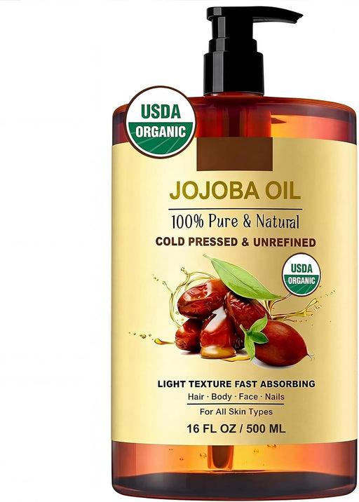 Organic Jojoba Oil (500 ml), USDA Certified, 100% Pure Natural Large Capacity Body Oil for Skin Face and Hair, Deep Moisturizing Anti-Aging Cold Pressed Unrefined for Women