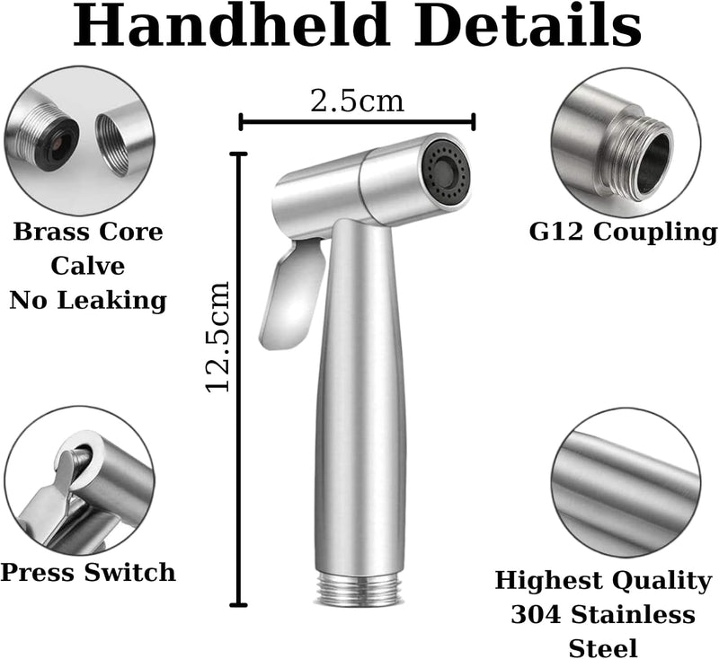 Premium Stainless Steel Bidet Sprayer for Toilet With 1.5 Meter Stainless Steel Hose, Easy 5-Minute Installation, Powerful Water Pressure (Full Shattaf Set)