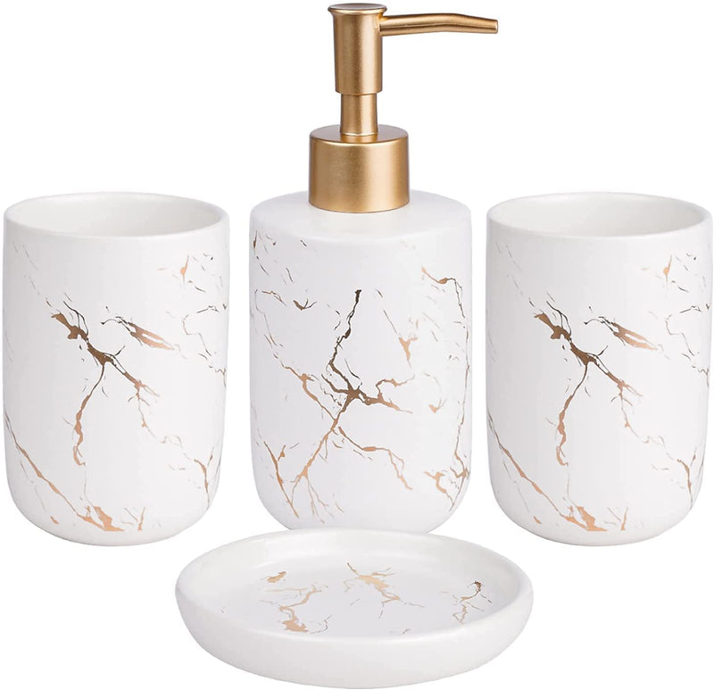 Bathroom Accessories Set, 4 Pcs Complete Marble Bathroom Accessory Modern Decoration Counter-top Organizer Toothbrush Holder Lotion Dispenser Soap Dish Tumbler. (White)