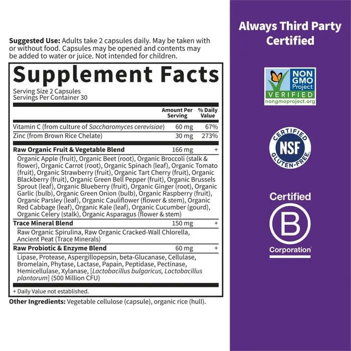 Garden of Life Vitamin Code Raw Zinc, 30Mg Whole Food Zinc Supplement + Vitamin C, Trace Minerals & Probiotics For Immune Support, Certified Vegan Non-Gmo & Gluten Free Zinc Supplements, 60 Capsules