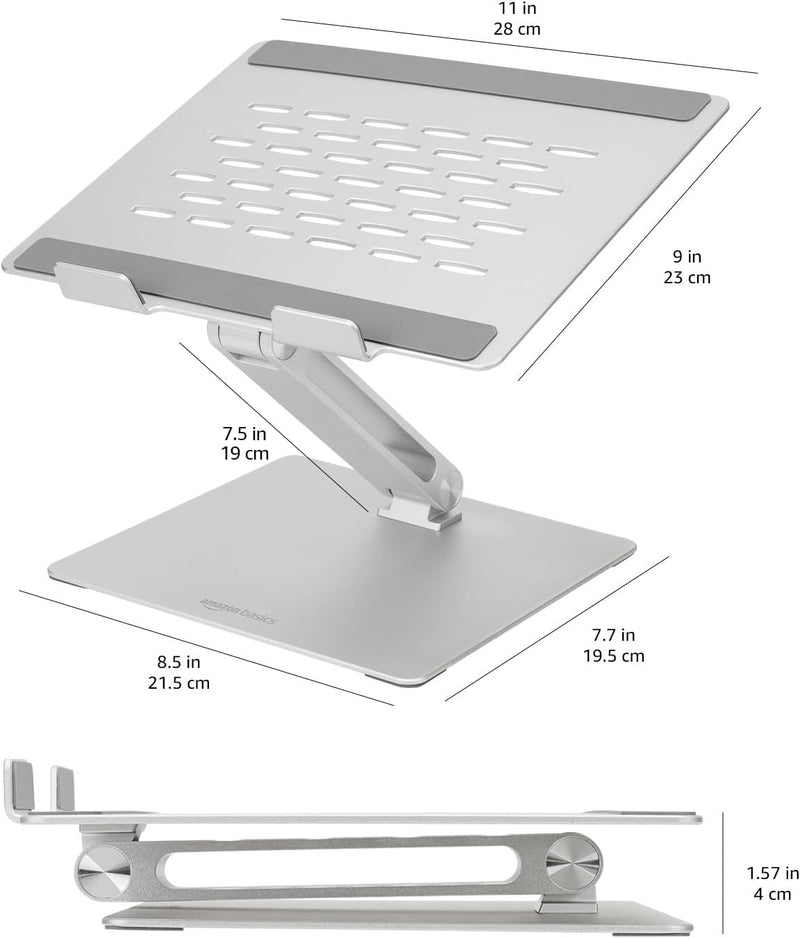 Amazon Basics Adjustable Ergonomic Laptop Stand, Multi-Angle with Heat Vent, For Laptops 10 (25.4 cm) - 17 Inches (43.2 cm), Silver