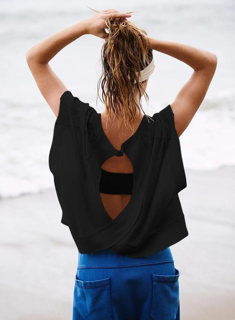 Sthxyfaith Women Short Sleeve Workout Shirts Open Back Tops Casual Yoga Athletic Gym Slouchy Crop Running Tees