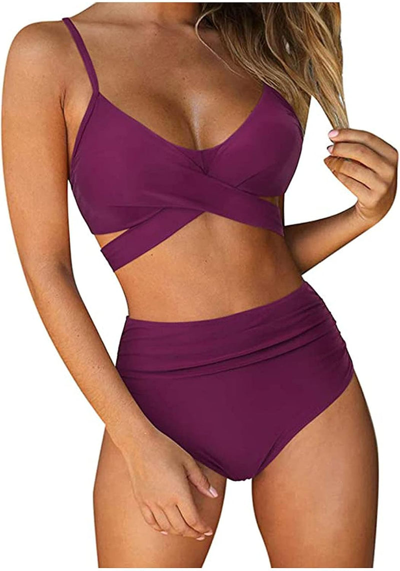 Women High Waisted Wrap Bikini Set Back Tie 2 Piece Swimsuits Low Neck Push Up Bathing Suits Solid Swimwear Print Criss cross Swimming suit Beachwear