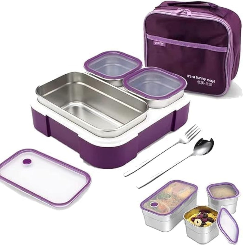 TAPIT Stainless Steel Lunch Box - Insulated Bento Box Multifunctional Containers Food Containers with 2 Compartments,Tableware, Nylon insulation bag (Grey) - Z02-Purple 1260ml Stainless Steel