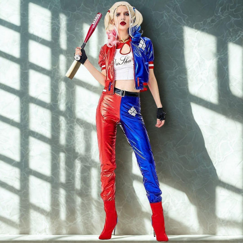 WP Wanna Party Halloween Costume for Women-Harley Quinn Costume Red & Blue Costume with Jacket, Pants and Sleevless Tees - Size - L for Halloween Costume for Adults