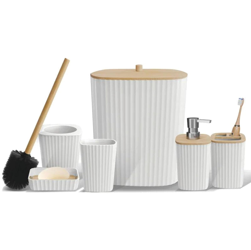 SA24 Bathroom Accessories, 6 Piece Set, Plastic, Toothbrush Holder, Toothbrush Cup, Soap Dispenser, Dish, Toilet Brush Holder, Trash Can, Tumbler (White Sq)