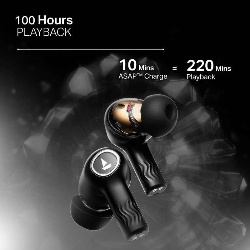 boAt New Launch Nirvana Crystl, Transparent Case,Spatial Audio, ANC(32dB), 100Hrs Battery,4Mics ENx, Dual Pair,App Support, Bluetooth Earbuds, TWS Ear Buds Wireless Earphones with mic (Quantum Black)