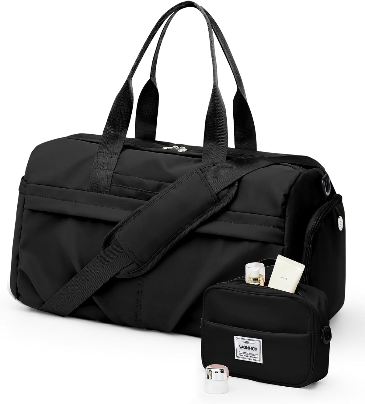 Gym Bag for Women Men with Shoe Compartment, Sport Duffel Bag, Waterproof Travel Weekender Overnight Carry on Bag for Yoga with Trolley Sleeve, Black, A-Black, Shoe Compartment – image 4