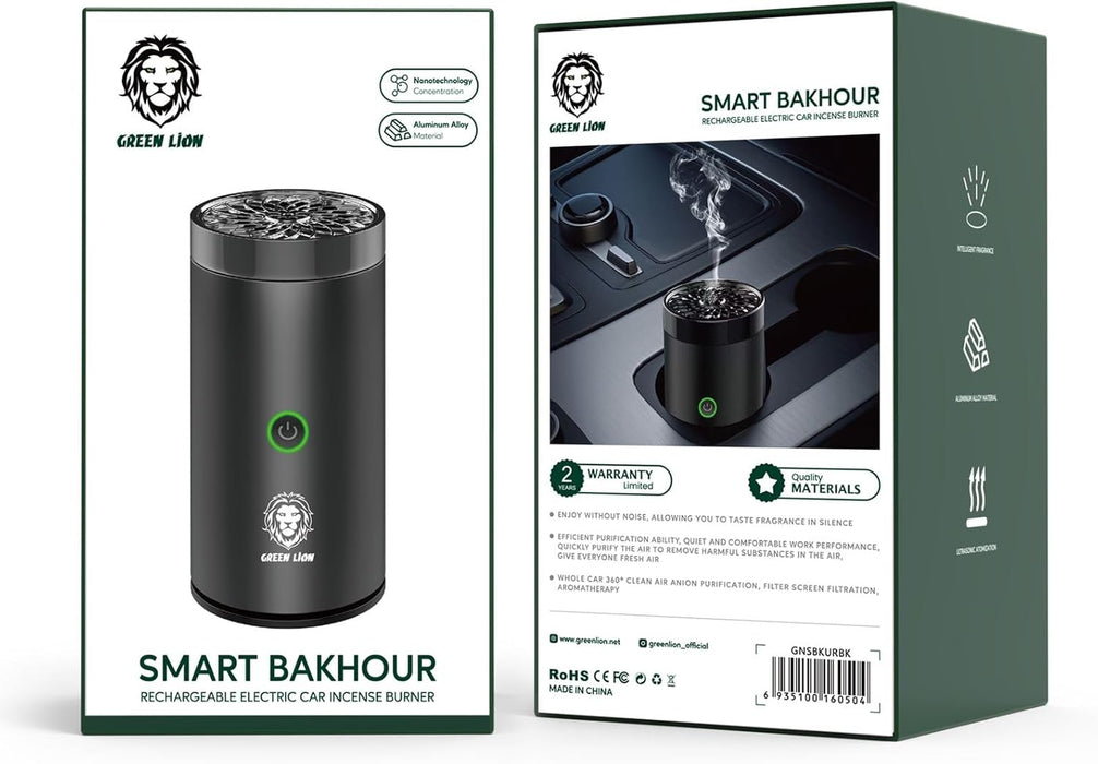 Green Lion Smart Bakhour Rechargeable Electric Car Incense Burner, USB-C Portable Mini Burner, Aluminum Alloy Design, Strong Power for Fast Burning, Long-Lasting Fragrance - Green