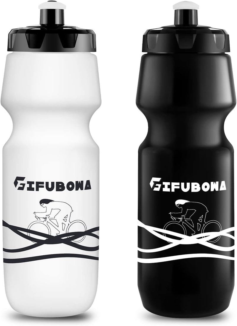 Bike Water Bottles 24oz Bicycle Mtb Road Mountain Bottle Squeeze 750ml Bpa Free for Cycling Sport 2 Pack - Black+White