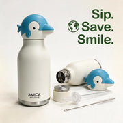 Kids Water Bottle 460ml Insulated Stainless Steel - AMICA STUDIO (Dinky Dolphin)