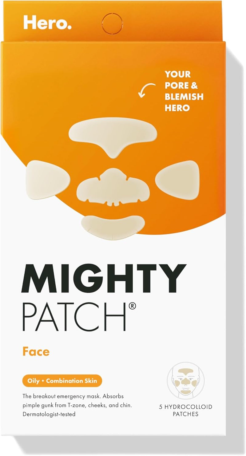 Mighty Patch Face from Hero Cosmetics - XL Hydrocolloid Face Mask for Acne, 5 Large Pimple Patches for Zit Breakouts on Nose, Chin, Forehead & Cheeks - Vegan-Friendly, Not Tested on Animals (1 Count)
