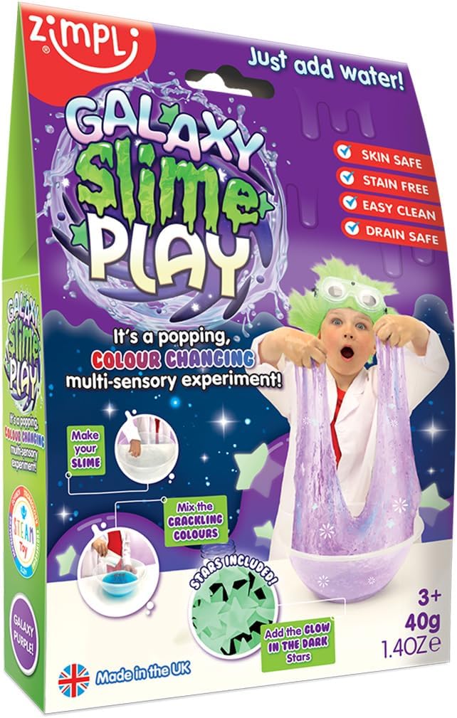 Zimpli Kids Galaxy Slime Play with 10 x Glow in the Dark Stars & 2 x Free Crackle Baff , Magically turns water into gooey, glittery slime, Children's Science Experiment Kit, Make your own Slime - Galaxy Slime Play Play Pack