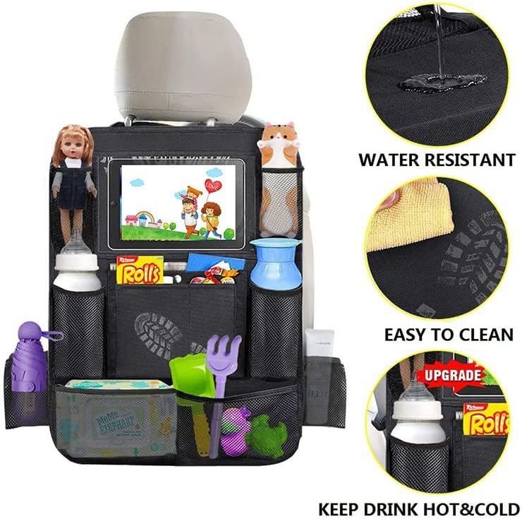 Car Back Seat Organiser with Tablet Holder, Multi-Pocket Seat Back Protectors Kick Mats for Kids Toddlers, Travel Accessories, Divider for Driving Safely Children & Pets Car Organizer Black