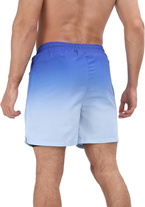 Mens Swim Trunks with Compression Liner 2 in 1 Quick Dry Beach Swimming Trunks Swim Shorts with Zipper Pockets