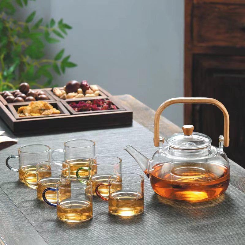 1L Borosilicate Glass Teapot Stovetop safe ï¼ŒLoose Leaf and Blooming Tea Maker, Christmas GiftGlass Tea Kettle with Wooden Handle,Large Size for Women and Adult (teapot +6 cup)