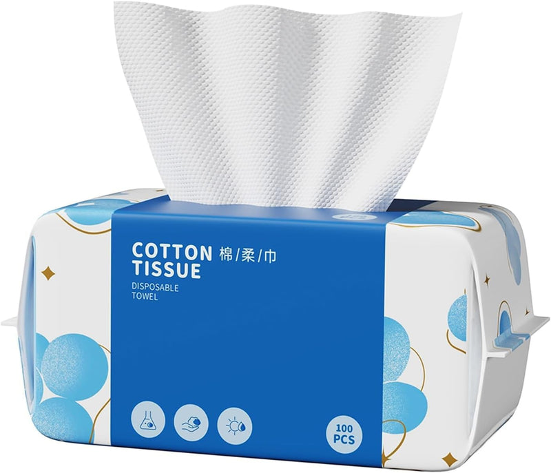 100 Count Disposable Face Towels, Soft Cotton Dry Wipes for Washing, Drying, Cleansing, Skincare & Makeup Removal (7.9" x 7.9", 1 Pack)