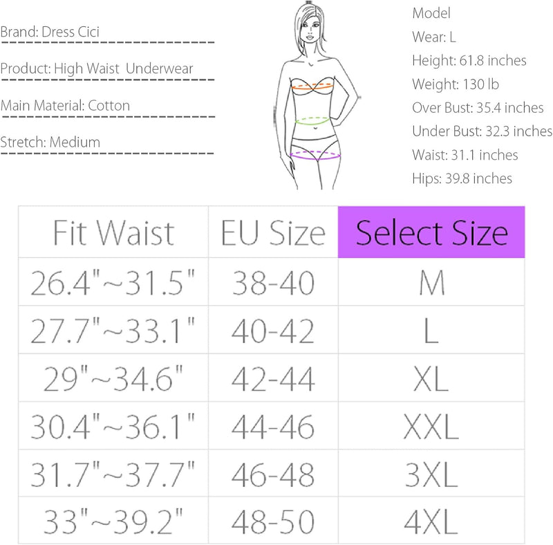 Dress Cici High Waisted Cotton Underwear for Women, Cotton Stretch Briefs for Ladies Full Coverage (6 Pieces)