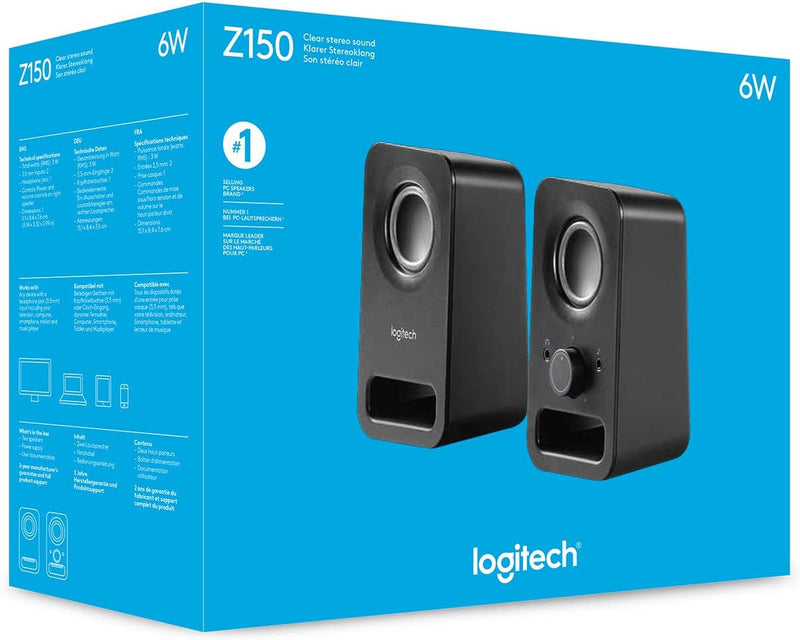 Logitech 980-000816 Z150 Compact Multimedia Stereo Speakers, 3.5mm Audio Input, Integrated Controls, Headphone Jack, Computer/Smartphone/Tablet/Music Player - Midnight Black