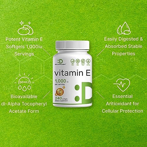 DEAL SUPPLEMENT Vitamin E Supplements, 1,000 IU Per Serving, 240 Softgels â€“ Extra Strength Antioxidant Protection â€“ Bioavailable Stable Form â€“ Skin, Heart, Brain, & Immune Support â€“ Non-GMO