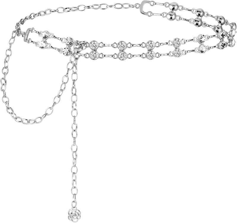 Women Rhinestone Chain Belt for Dress, Flower Metal Waist Belt Adjustable Crystal Belt Skinny Wedding Waist Band - silver