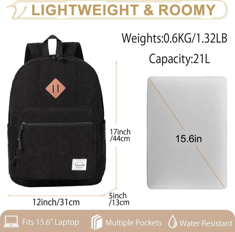 Corduroy Backpack for Men Women, VASCHY Casual Cute Fleece School Bag 15.6 inch Lightweight Daypack for Teens/Men/Women Travel