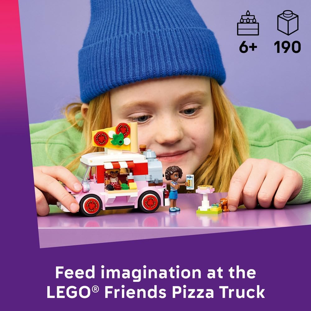 Friends Pizza Truck 42694 Pizza Truck Toy, 2 Mini Dolls, Dog Figure & Play Food, Role-Play Set, Gift for 6+ Year Old Girls & Boys, 190 Pieces