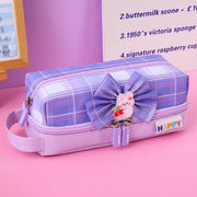 HASTHIP Pencil Case Large Capacity Canvas Pencil Pouch with Bowknot, Double Zipper, Multi-Layer Compartments, Gusset Design, Cute Pink Pen Bag for Girls/Women, Stationery Storage, Cosmetic Organizer