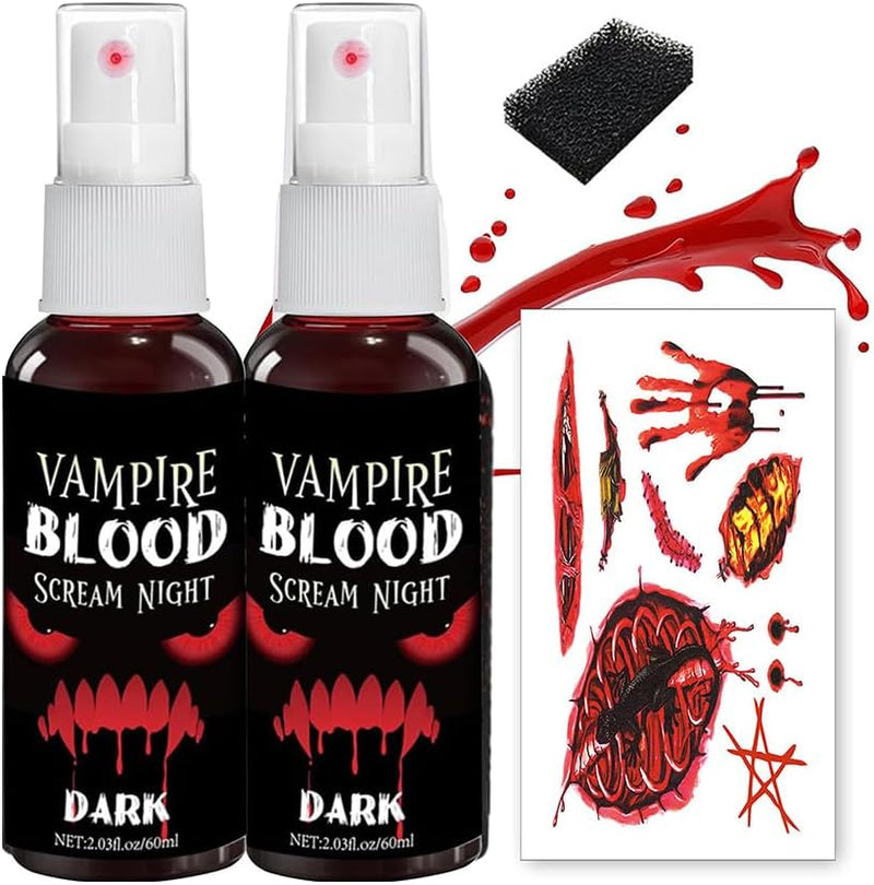 Halloween Fake Blood Makeup Kit, Fake Blood Set Included 2Pcs Fake Blood Spray Fake Blood Gel Makeup Scars Wax Spatula Black Stipple Sponge,Washable Safe for Mouth,Nosebleed, Cosplay (blood-4pcs) - blood-4pcs