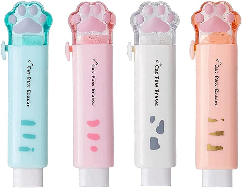Retractable Erasers, Cute Rubber for Kids, Cat Paw Shaped Push Pull Rubber Eraser for Students Writing Office School Supplies 4 Pcs