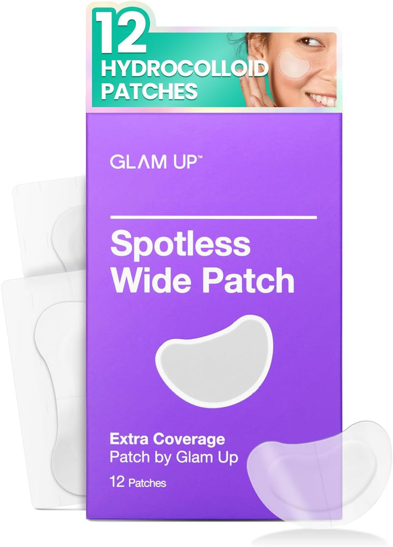 GLAM UP Spotless Wide Patch Hydrocolloid Coverage for Face Pores, Zits, and Oil - Strong Gunk Absorption Overnight, and Calm Treatment with Tea Tree (12 Patches)
