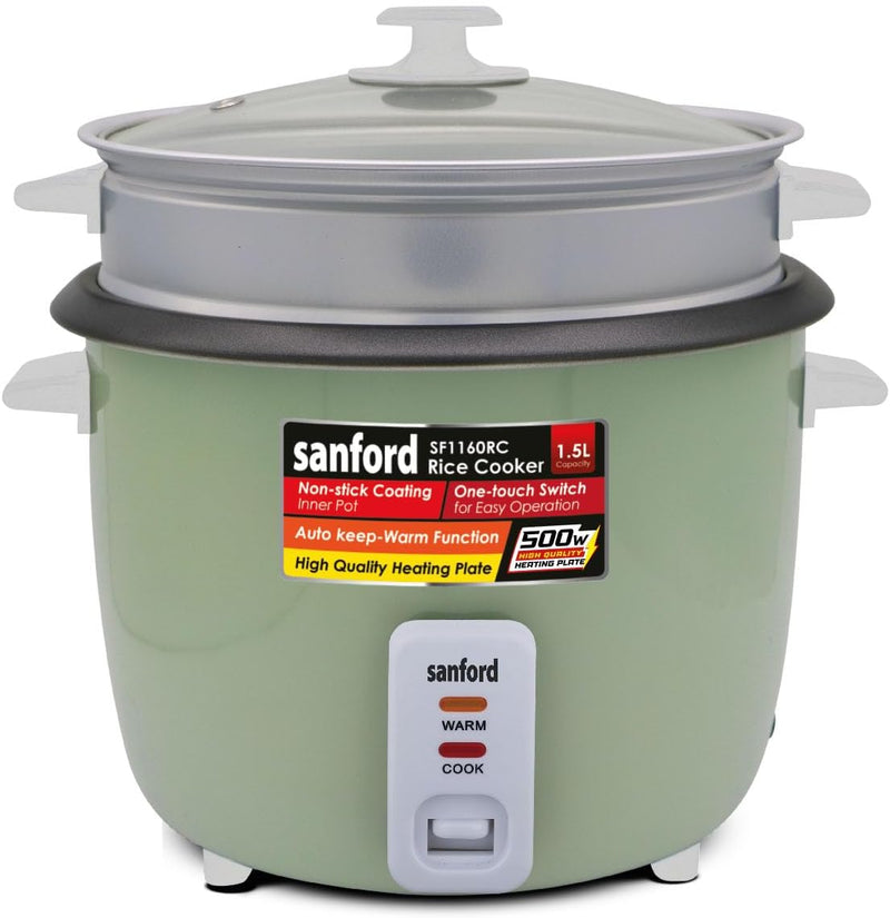 Sanford 1.5L Automatic Rice Cooker with Steamer & Keep Warm | 500W Power | Non-Stick Pot| (GREEN)