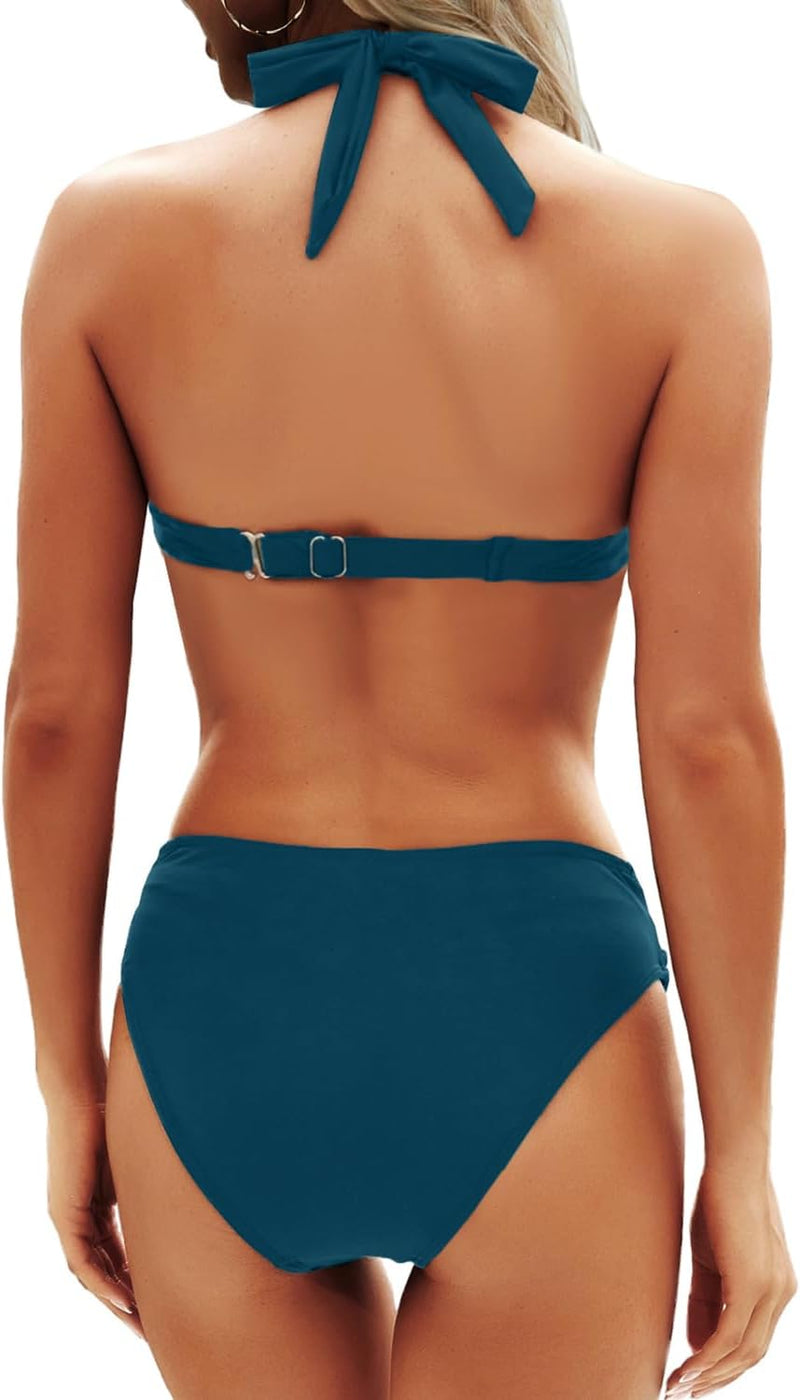 Yonique Women Two Piece Bathing Suits Push Up Bikini Set Halter Swimsuit Vintage Swimwear