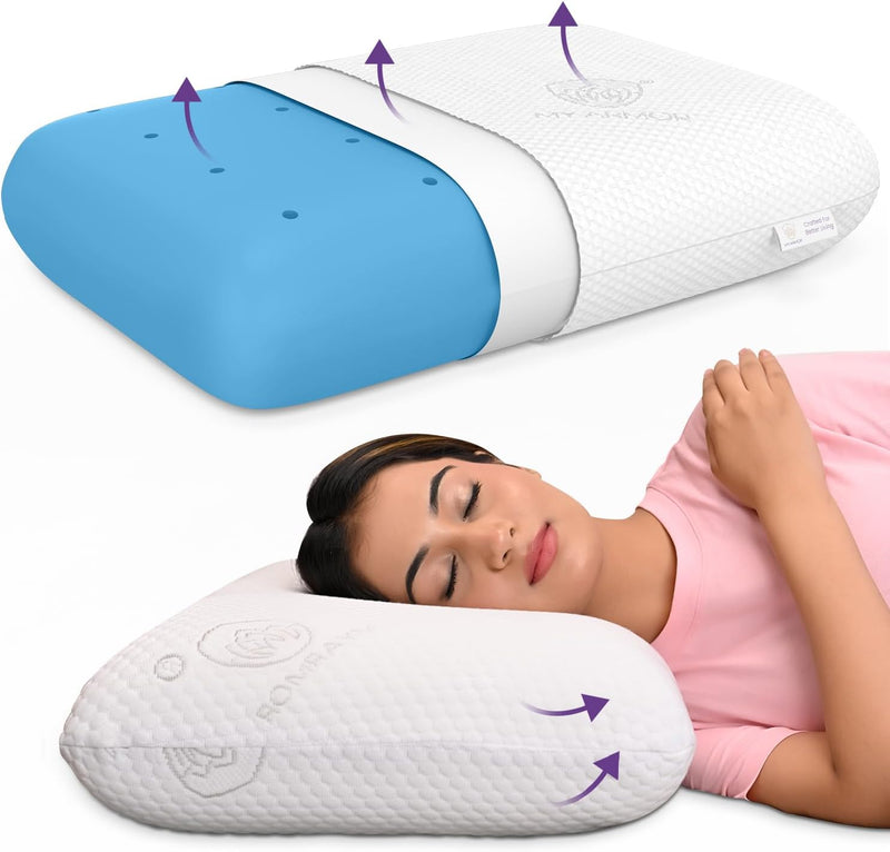 MY ARMOR Ventilated Cool Gel Memory Foam Pillows for Sleeping, Orthopedic Pillows for Neck Pain Relief (White Cover, Cool Gel Thin (pack of 1)) - Cool-Gel Pillow with Cover King - Extra Thick (Pack of 1)
