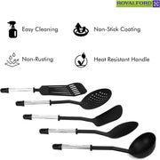 Royalford 5 Pieces Slotted Spatula - Solid Spoon - Pasta Spoon - Masher & Ladle - Silicone Utensil Kitchen Gadgets Set - Medium