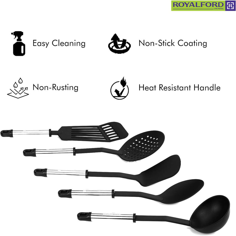 Royalford 5 Pieces Slotted Spatula - Solid Spoon - Pasta Spoon - Masher & Ladle - Silicone Utensil Kitchen Gadgets Set - Medium