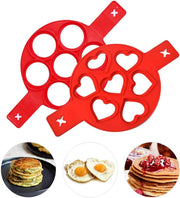 Omelette Mold Pancake Mold Ring 2 Silicone Pancake Molds 7 Holes Heart Reusable Silicone Non-Stick Pancake Tool Egg Ring for Egg Maker Makes Right Shape (Red)