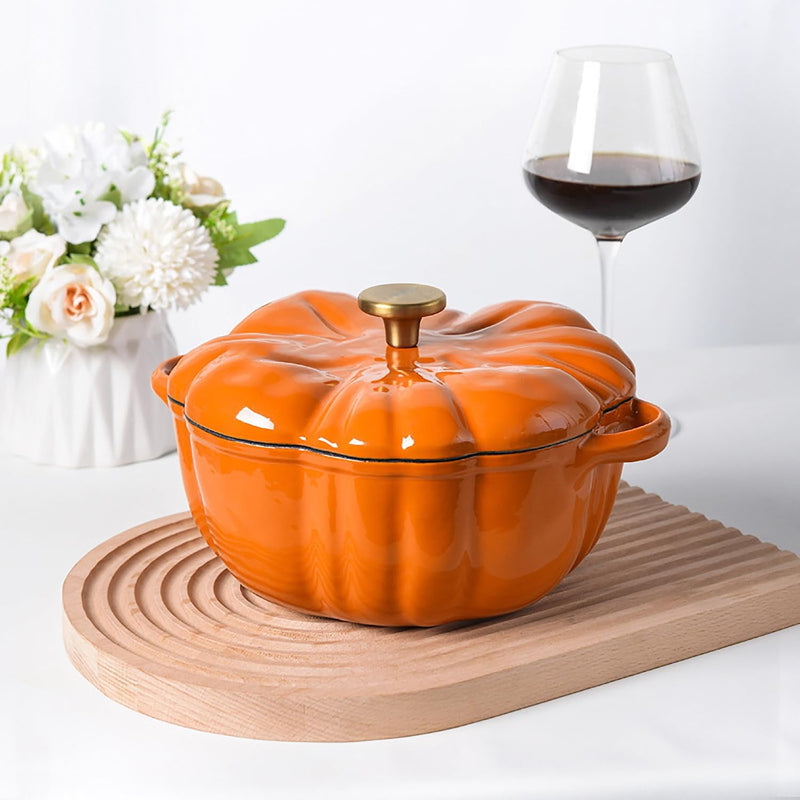 Stockpot with Lid, Enameled Cast Iron Dutch Oven, 1.5L Pot with Lid Two Handles, 16cm Heavy-Duty Cookware for Braising, Stews, Roasting, Bread Baking, Orange pumpkin