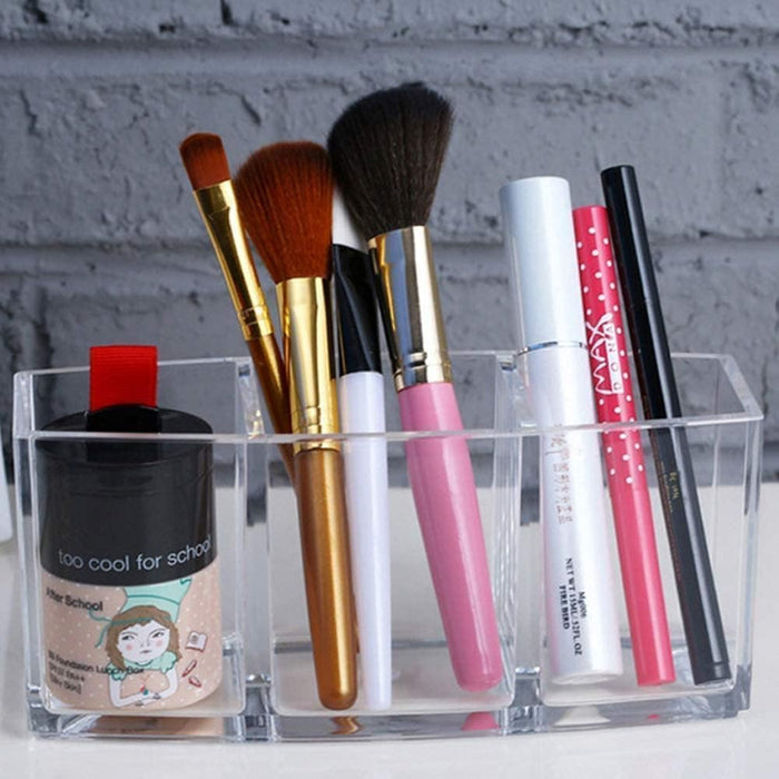 Sunnyrobby Acrylic Makeup Brush Organizer Clear Cosmetic Storage with 3 Slots Eye Liner Display Holder Clear Makeup Brush Holder
