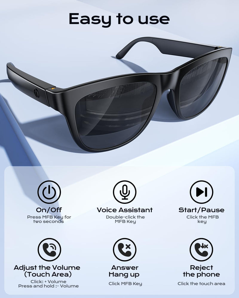 XO Simple is Beauty Smart Bluetooth Glasses,Built-in Mic & Speakers,Smart Wireless Headphone Sunglasses for Men and Women,Athletic/Outdoor UV Protection and Voice Control,Unisex(Black)