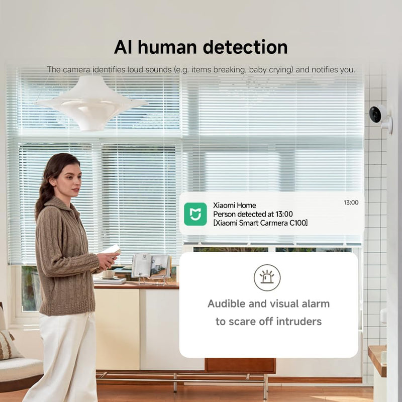 Xiaomi Smart Camera C100, 2K Indoor Security Camera, 360 View, Night Vision, Two-Way Audio, Motion Detection, Works with Alexa