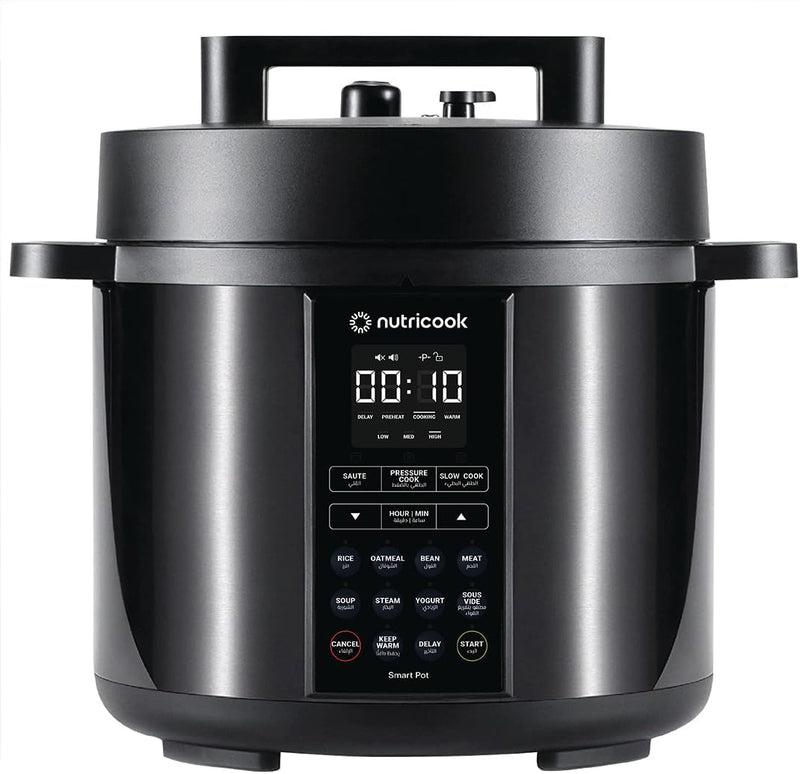 Nutricook Smart Pot Eko, 1000 Watts - 9 In 1 Instant Programmable Electric Pressure Cooker, 6 Liters, 14 Smart Programs, Brushed Stainless Steel/Black, 2 Years Warranty, Silver/Black