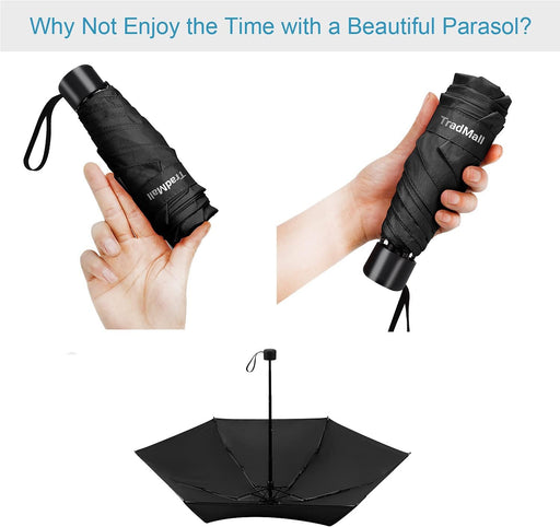 TradMall Mini Travel Umbrella, Portable Lightweight Compact Parasol with 95% UV Protection for Sun & Rain - Black